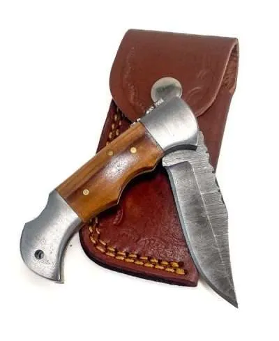 Olive wood handled pocket knife with brass bolster and Damascus steel blade