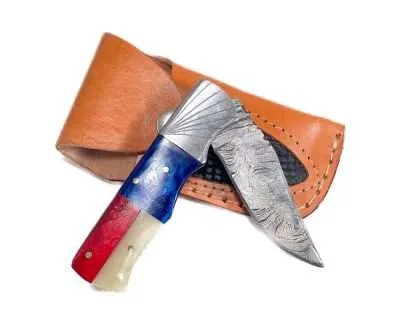 Red White & Blue wood and bone handle with Steel bolster on Damascus blade