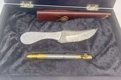 Stainless steel handle with Damascus steel blade  Damascus Steel and Brass Pen with Parker refill