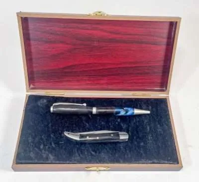 Handmade Executive Pen Handmade Gabon Ebony slimline pen Damascus Steel Folding Knife Buffalo Horn handle with Stainless steel bolster and endcap on D2 Stainless steel blade